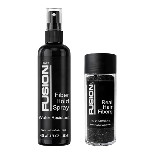 Hair Fusion Hair Fiber & Hold Spray Bundle – 38g Real Human Hair Fibers + Water-Resistant Fiber Hold Spray